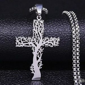 Tree of Life Cross, Silver Stainless Steel, No Tarnish